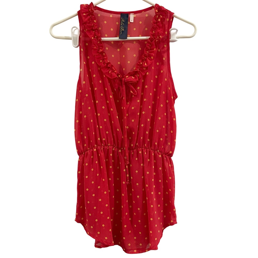 00141‎ - Blue Rain Red Polka Dot Sleeveless Ruffle Tie Neck Blouse Small